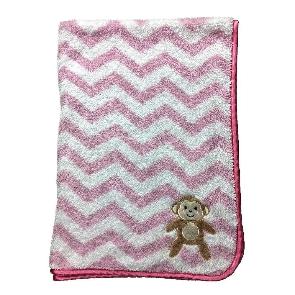 SL Home Fashions Pink Monkey Chevron Baby Blanket Zig Zag RN: 119741 Satin Trim